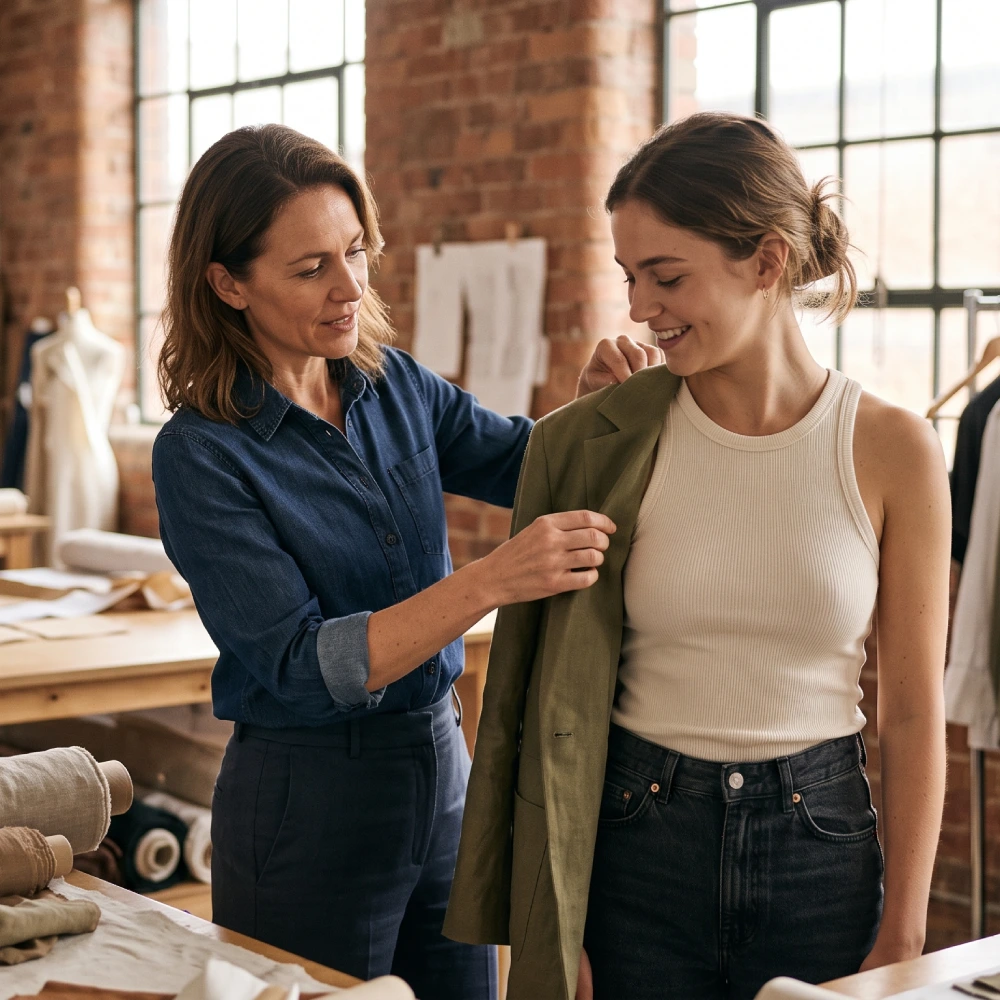 Tailor fitting jacket on woman