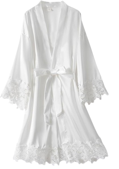 Women Lace Trim Robe Short Kimono Gown Silky Bathrobe