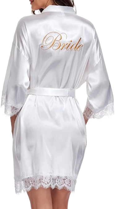 Women's Lace Trim Bride Robe With Gold Embroidery