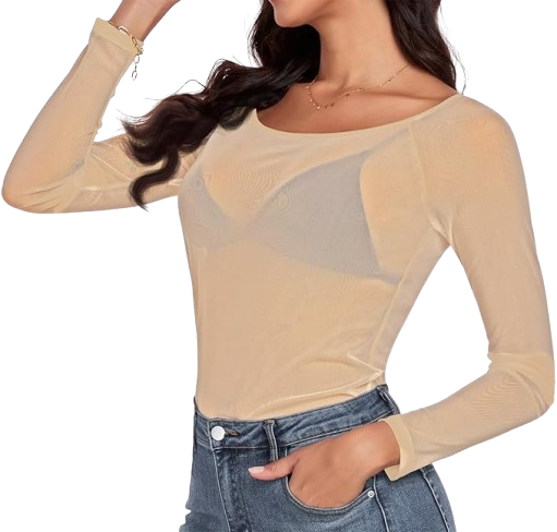 Women Mesh Tops Sheer Shirt Long Sleeves T-Shirt