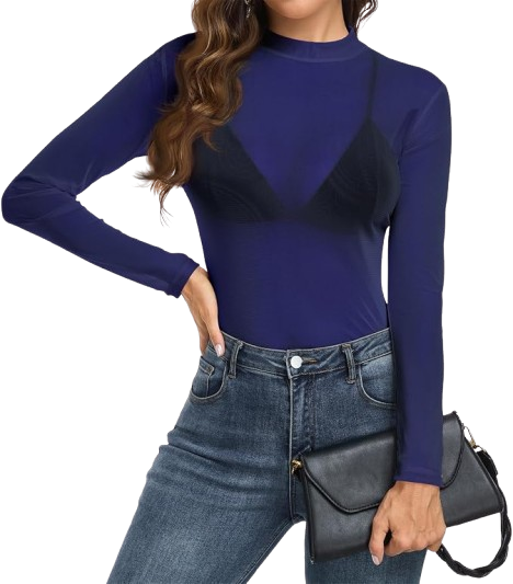 Women Mesh Tops Mock Neck Sheer Shirt Long Sleeves